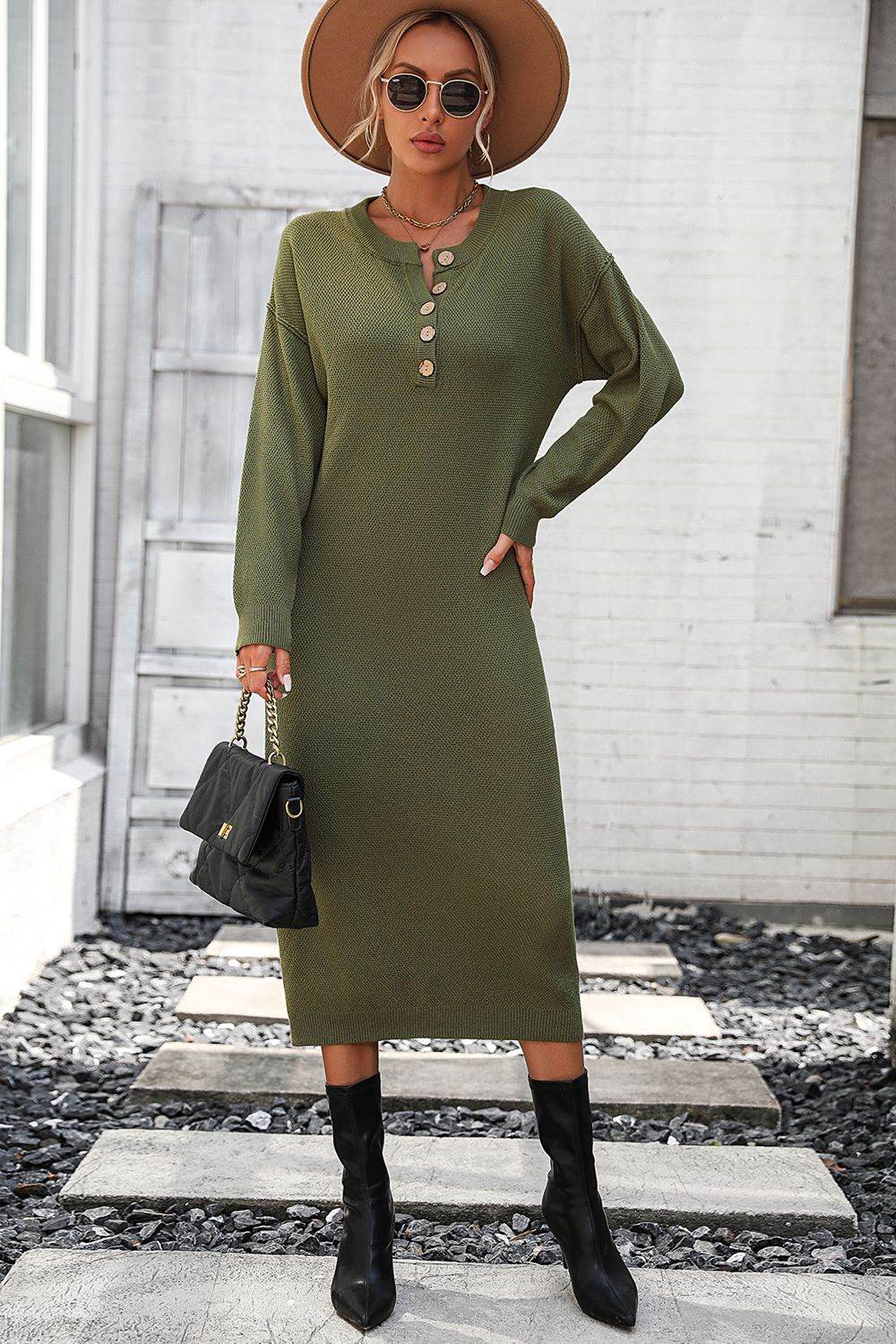 Decorative Button Notched Dropped Shoulder Sweater Dress for a perfect OOTD – dress to impress outfits from Amexza