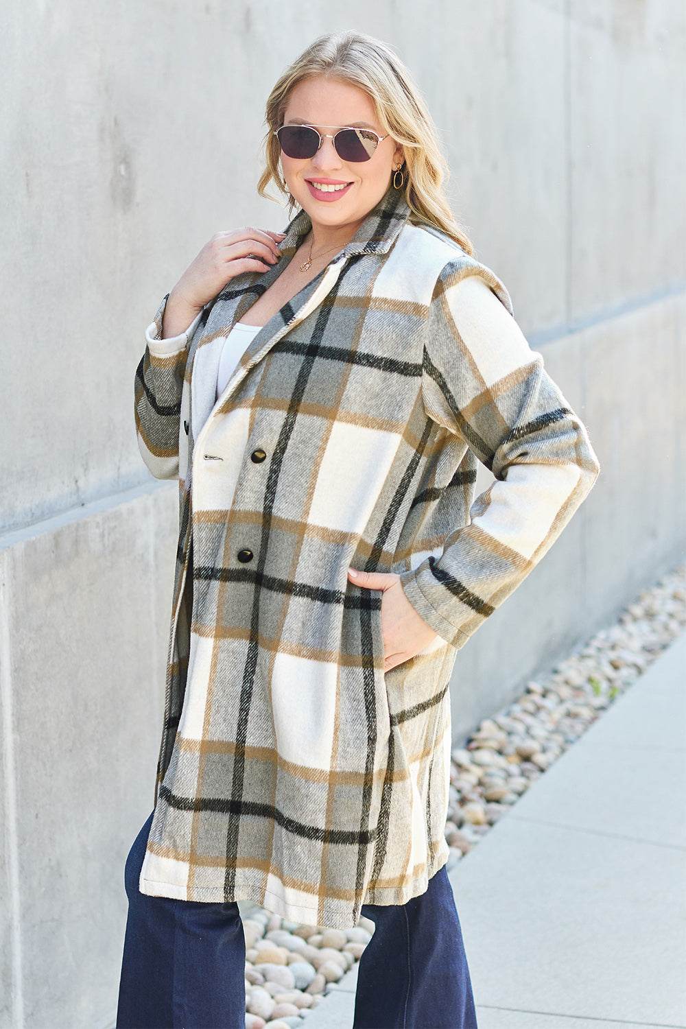 Double Take Full Size Plaid Button Up Lapel Collar Coat for a perfect OOTD – dress to impress outfits from Amexza