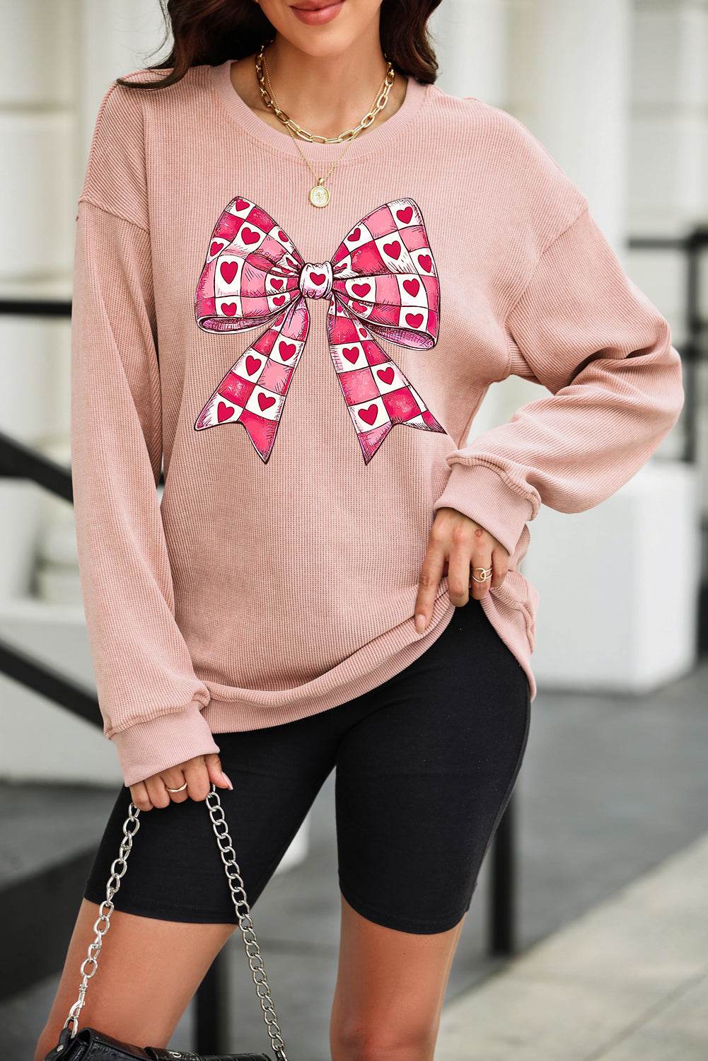 Valentine’s Day Bow Drop Shoulder Long Sleeve Sweatshirt for a perfect OOTD – dress to impress outfits from Amexza