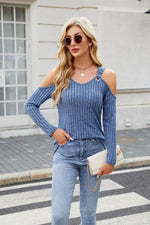 Ribbed Cold Shoulder Long Sleeve Top - Amexza