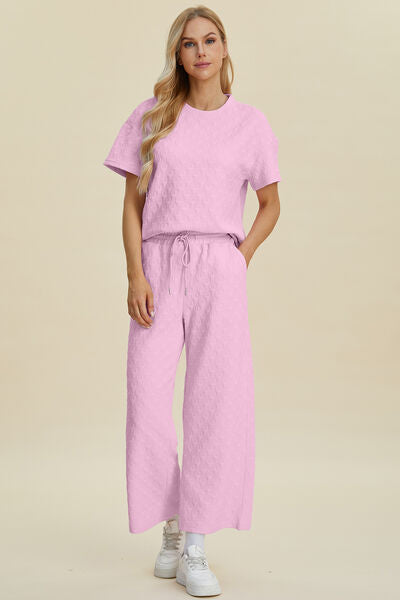 Double Take Full Size Texture Round Neck Short Sleeve Top and Pants Set Pink for a perfect OOTD – dress to impress outfits from Amexza