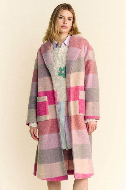 Davi & Dani Tied Color Block Collared Neck Coat Hot Pink Multicolor for a perfect OOTD – dress to impress outfits from Amexza