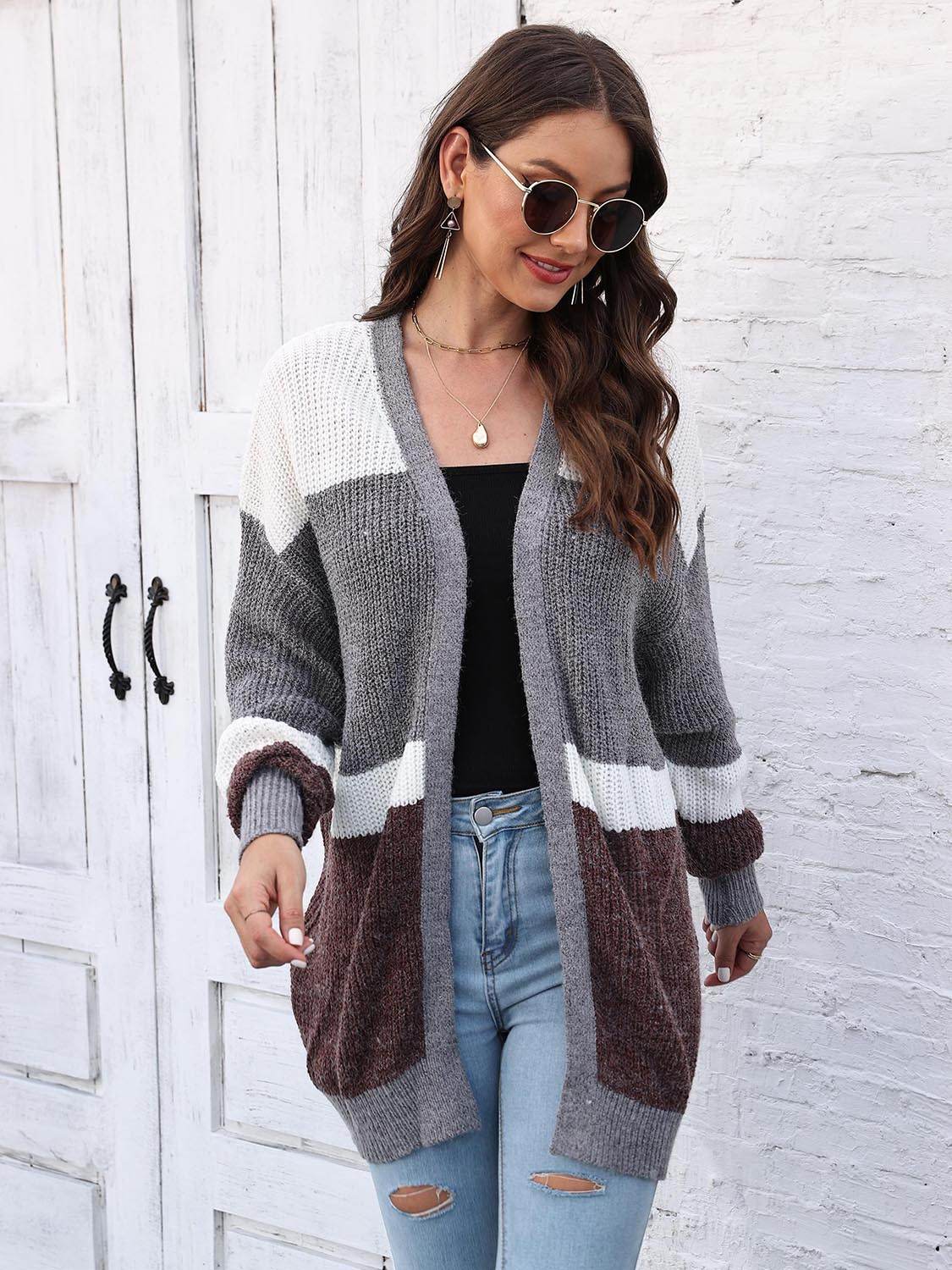 Color Block Open Front Cardigan - Amexza