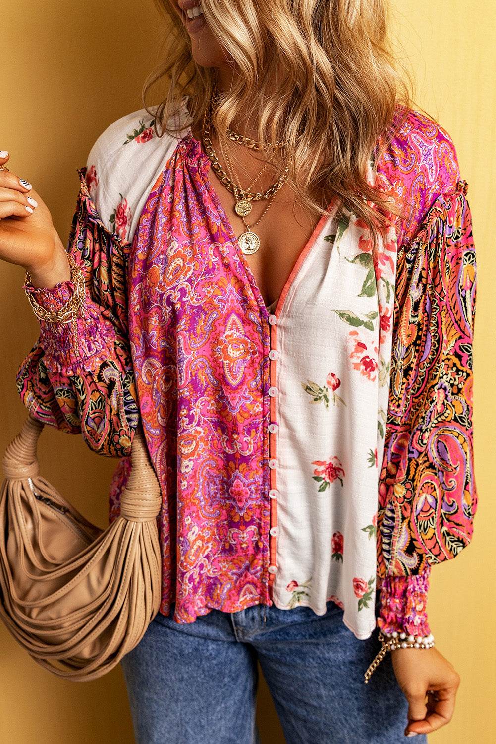 Multicolor Floral Notched Neck Lantern Sleeve Blouse for a perfect OOTD – dress to impress outfits from Amexza