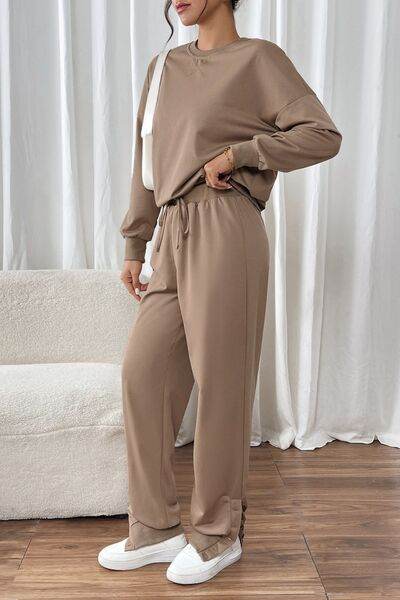 Perfee Round Neck Long Sleeve Top and Pants Set for a perfect OOTD – dress to impress outfits from Amexza