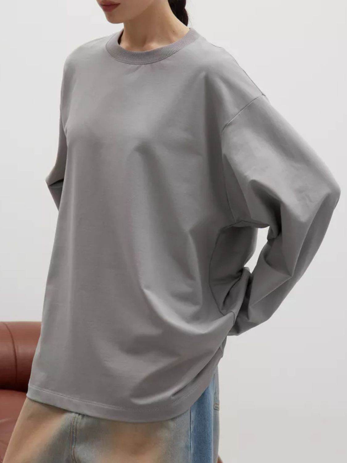 Round Neck Dropped Shoulder Long Sleeve T-Shirt Light Gray for a perfect OOTD – dress to impress outfits from Amexza