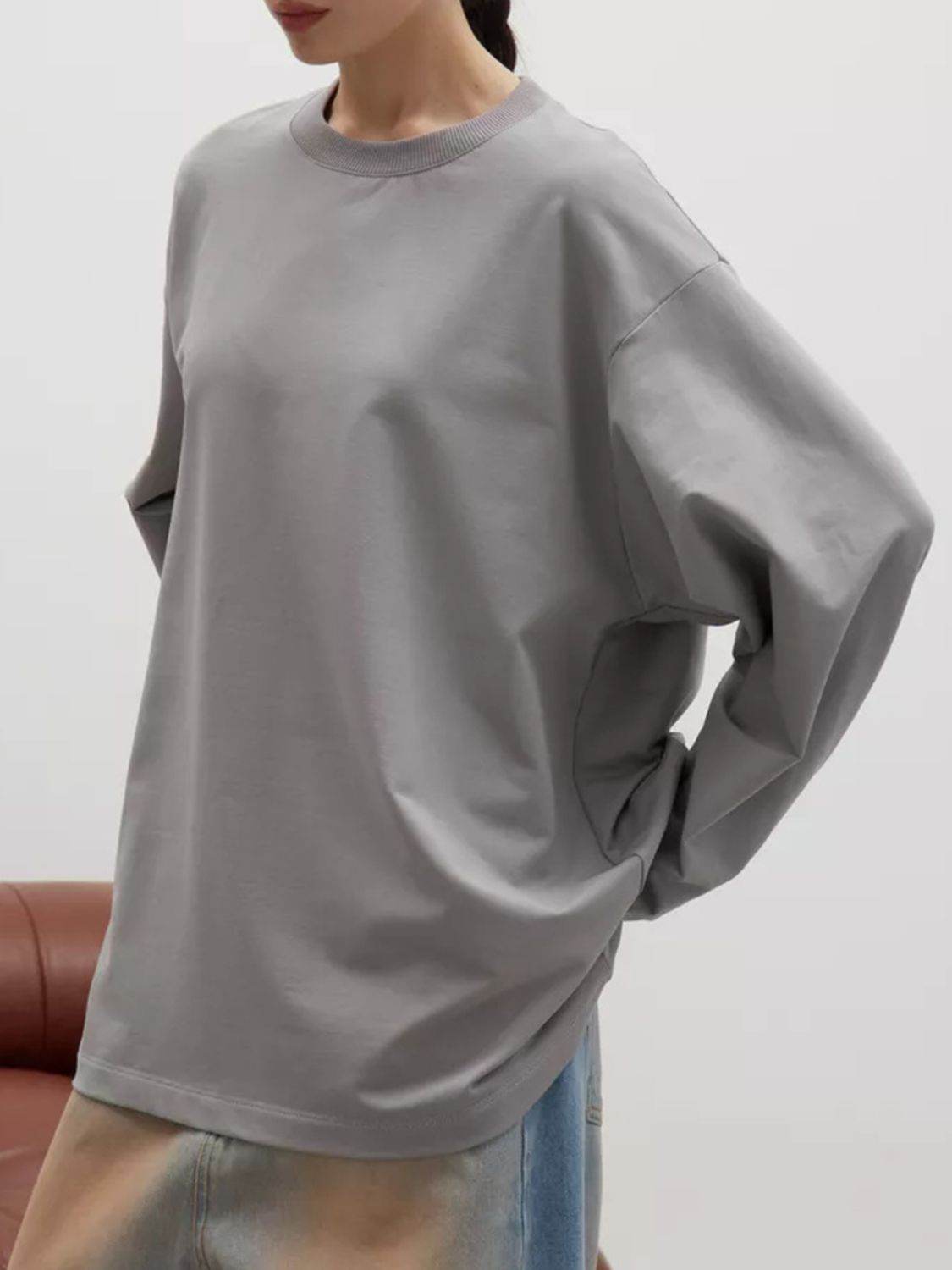 Round Neck Dropped Shoulder Long Sleeve T-Shirt - Amexza