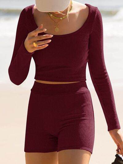 Scoop Neck Long Sleeve Top and Shorts Set - Amexza