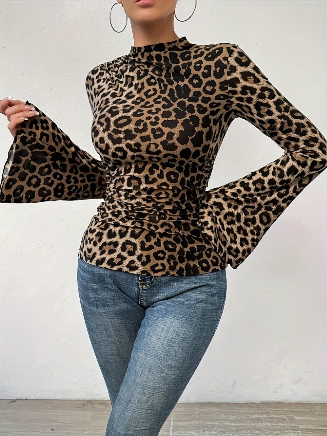 Leopard Mock Neck Flare Sleeve Top for a perfect OOTD – dress to impress outfits from Amexza