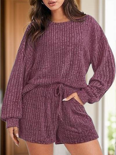 Round Neck Dropped Shoulder Top and Shorts Set Deep Purple for a perfect OOTD – dress to impress outfits from Amexza