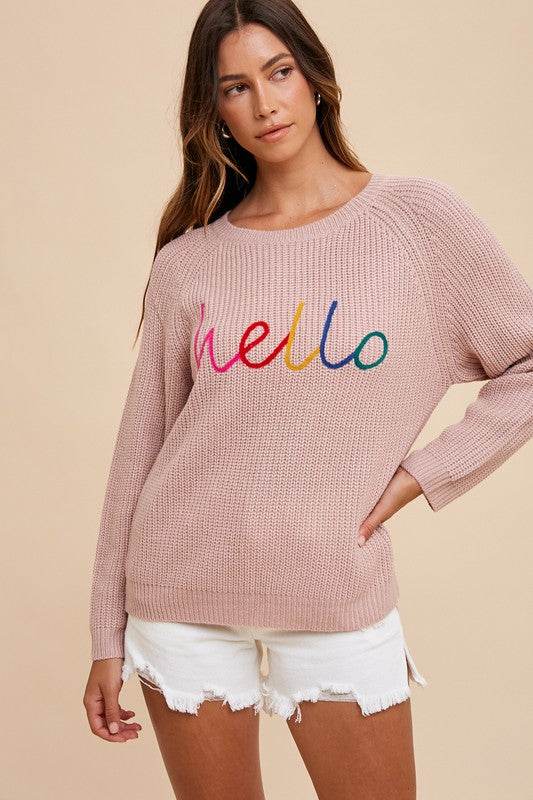 Annie Wear HELLO Embroidered Raglan Sleeve Sweater - Amexza