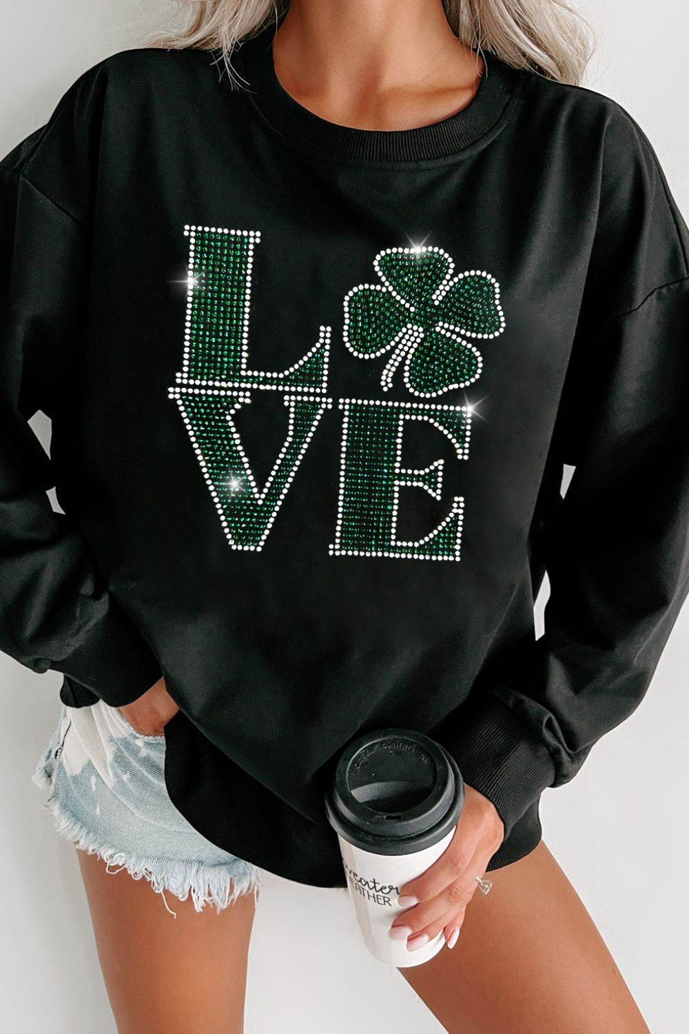 LOVE Rhinestone Clover Round Neck Sweatshirt Black for a perfect OOTD – dress to impress outfits from Amexza