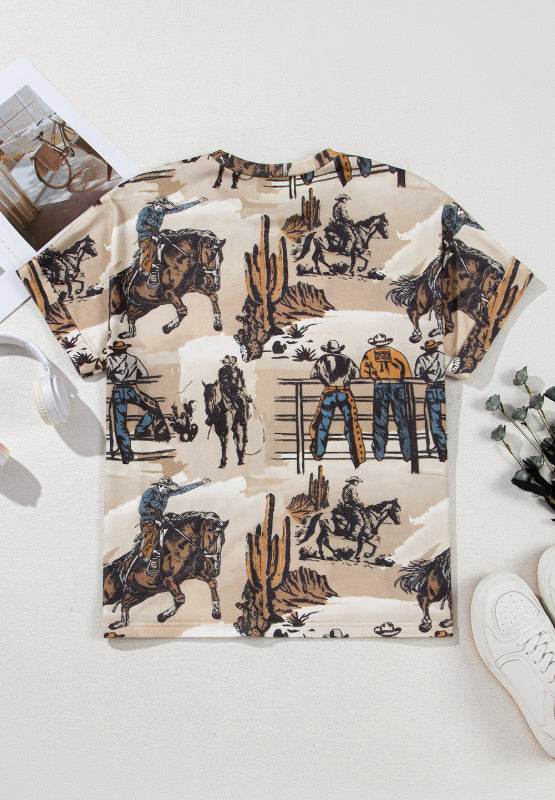 Cowboy Print Round Neck Short Sleeve T Shirt for a perfect OOTD – dress to impress outfits from Amexza