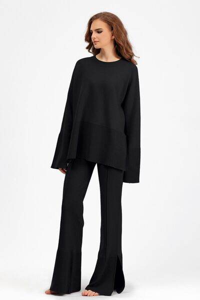 Basic Bae Slit Round Neck Long Sleeve Top and Drawstring Pants Sweater Set for a perfect OOTD – dress to impress outfits from Amexza