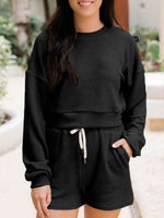 Ribbed Round Neck Long Sleeve Top and Shorts Set for a perfect OOTD – dress to impress outfits from Amexza