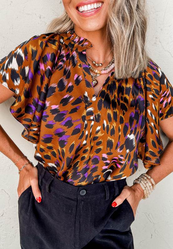 Leopard Notched Short Sleeve Blouse Leopard for a perfect OOTD – dress to impress outfits from Amexza