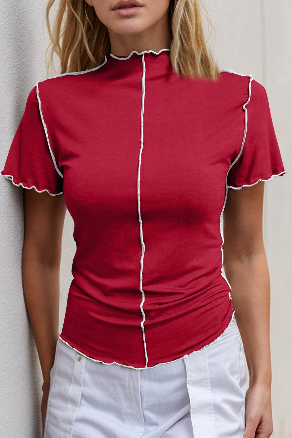 Basic Bae Contrast Trim Mock Neck Short Sleeve T-Shirt Scarlet for a perfect OOTD – dress to impress outfits from Amexza