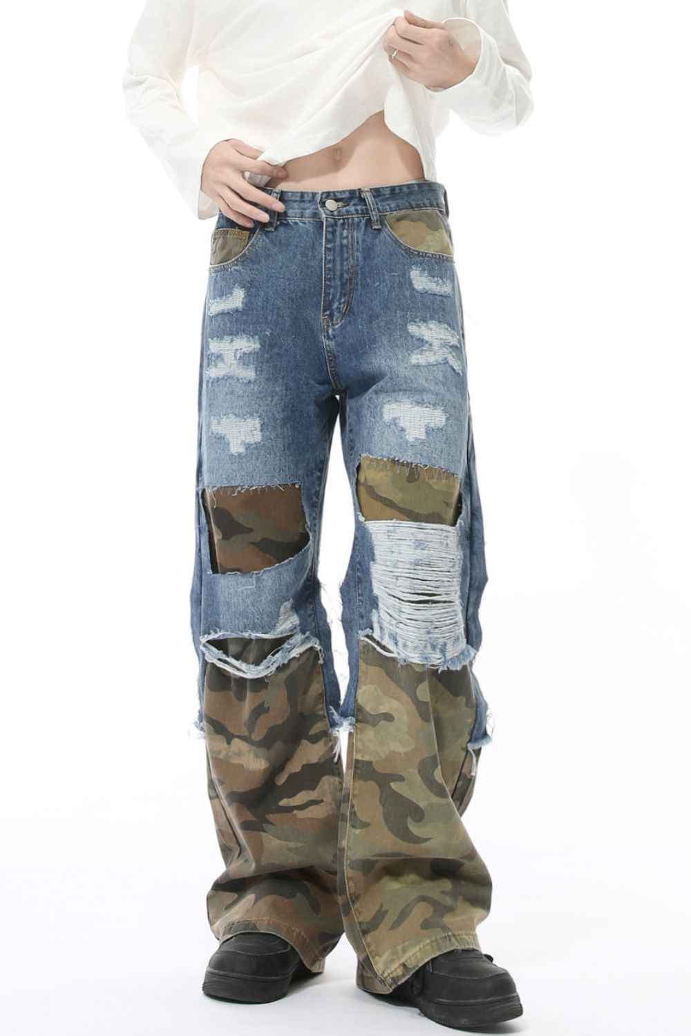 Distressed Camouflage Patchwork Jeans for a perfect OOTD – dress to impress outfits from Amexza