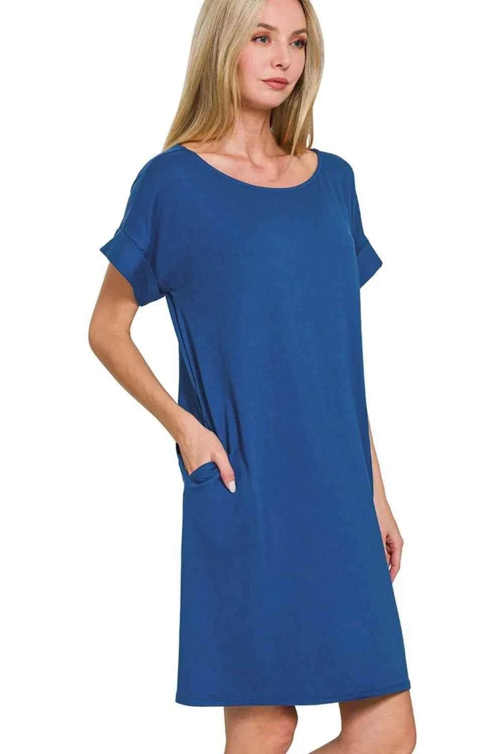 Zenana Rolled Short Sleeve Round Neck Dress LT NAVY for a perfect OOTD – dress to impress outfits from Amexza