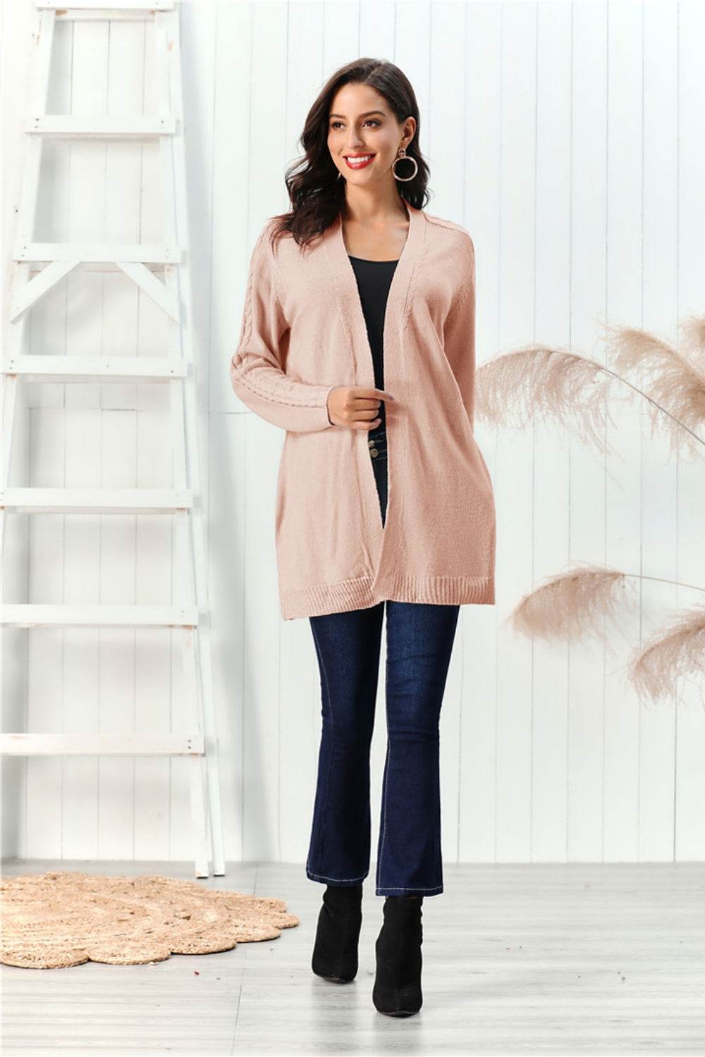 Cable-Knit Open Front Long Sleeve Cardigan for a perfect OOTD – dress to impress outfits from Amexza