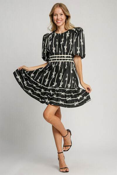 Umgee Ribbon Print Frill Contrast Velvet Trim Half Sleeve Dress Black for a perfect OOTD – dress to impress outfits from Amexza