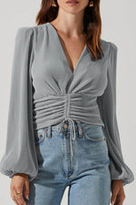 Drawstring V-Neck Long Sleeve Blouse for a perfect OOTD – dress to impress outfits from Amexza