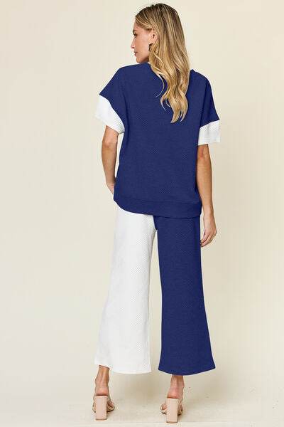 Double Take Full Size Texture Contrast T-Shirt and Wide Leg Pants Set for a perfect OOTD – dress to impress outfits from Amexza