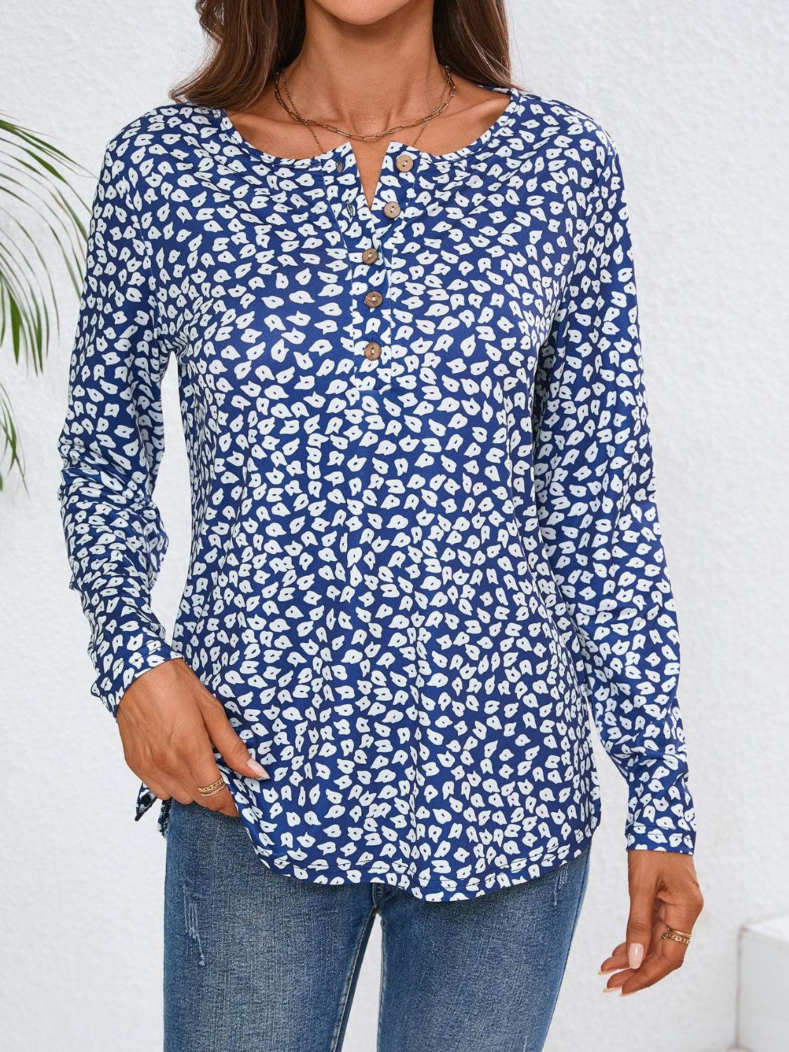 Quarter Button Printed Round Neck Long Sleeve Top - Amexza