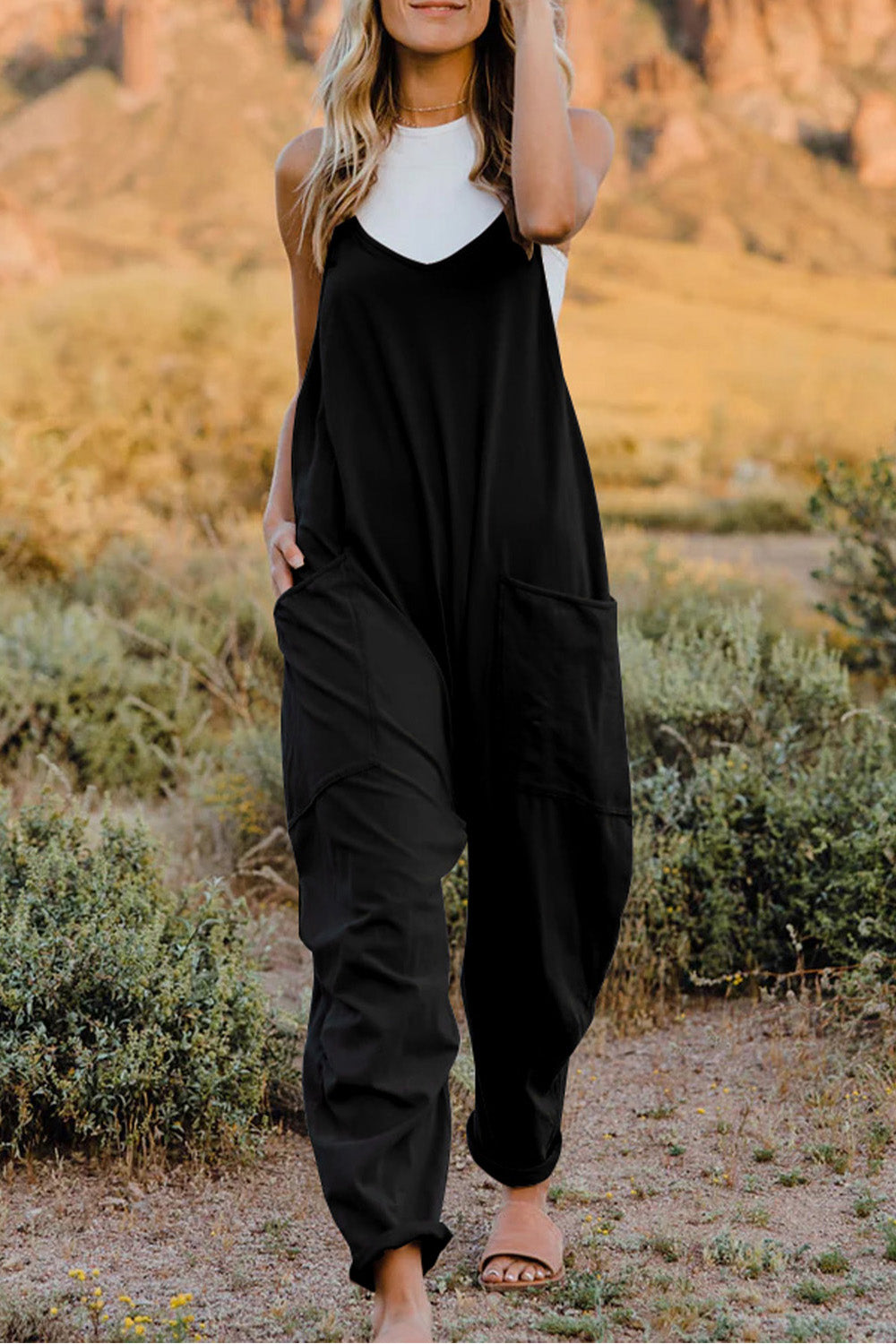 Double Take Full Size V-Neck Sleeveless Jumpsuit with Pockets Black for a perfect OOTD – dress to impress outfits from Amexza