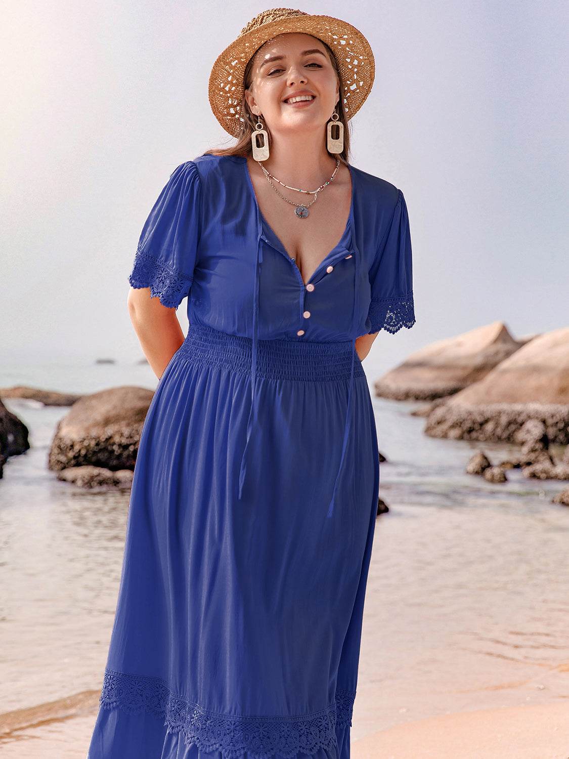 Plus Size Lace Detail Tie Neck Short Sleeve Maxi Dress - Amexza