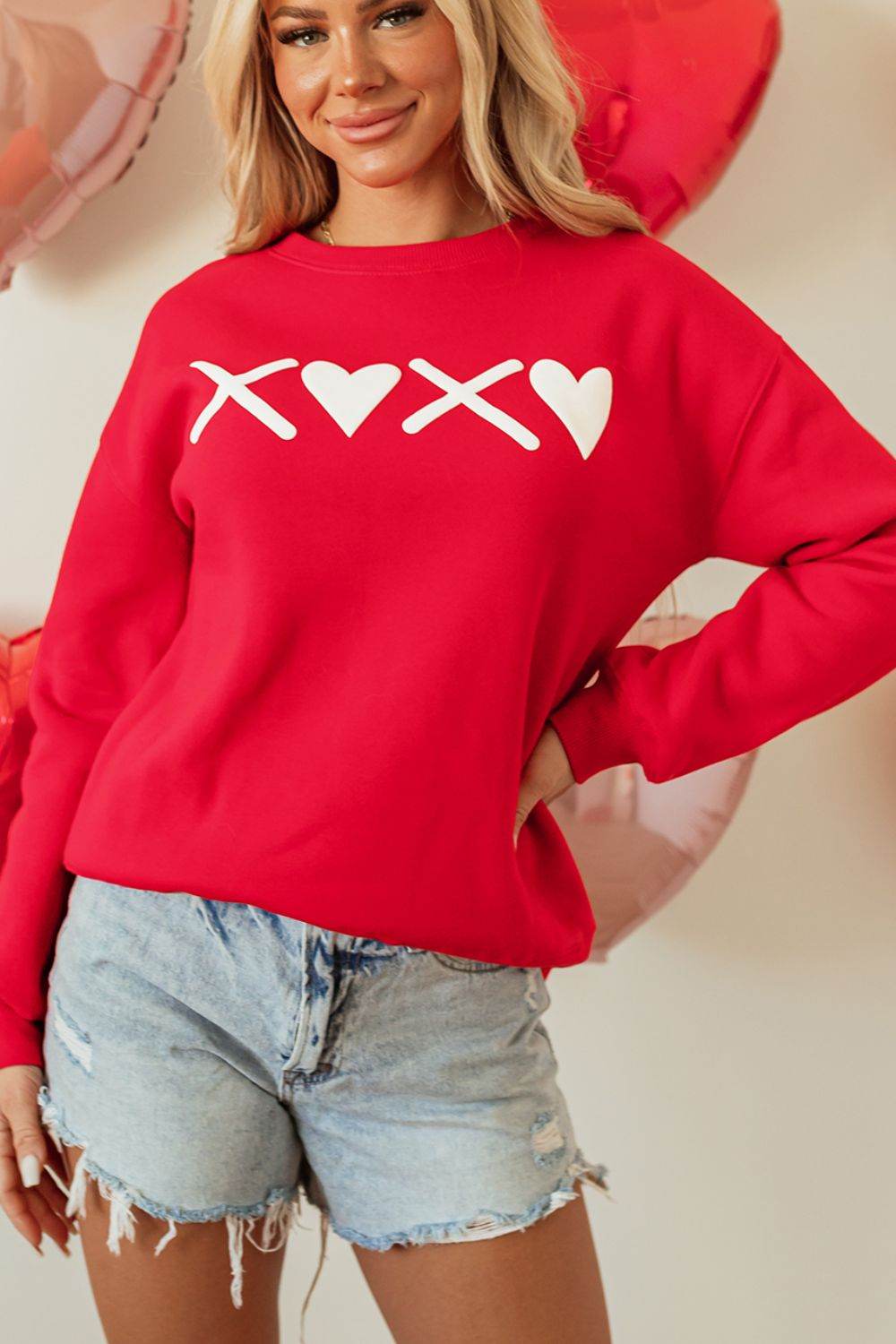 Valentine’s Day XOXO Round Neck Drop Shoulder Sweatshirt - Amexza