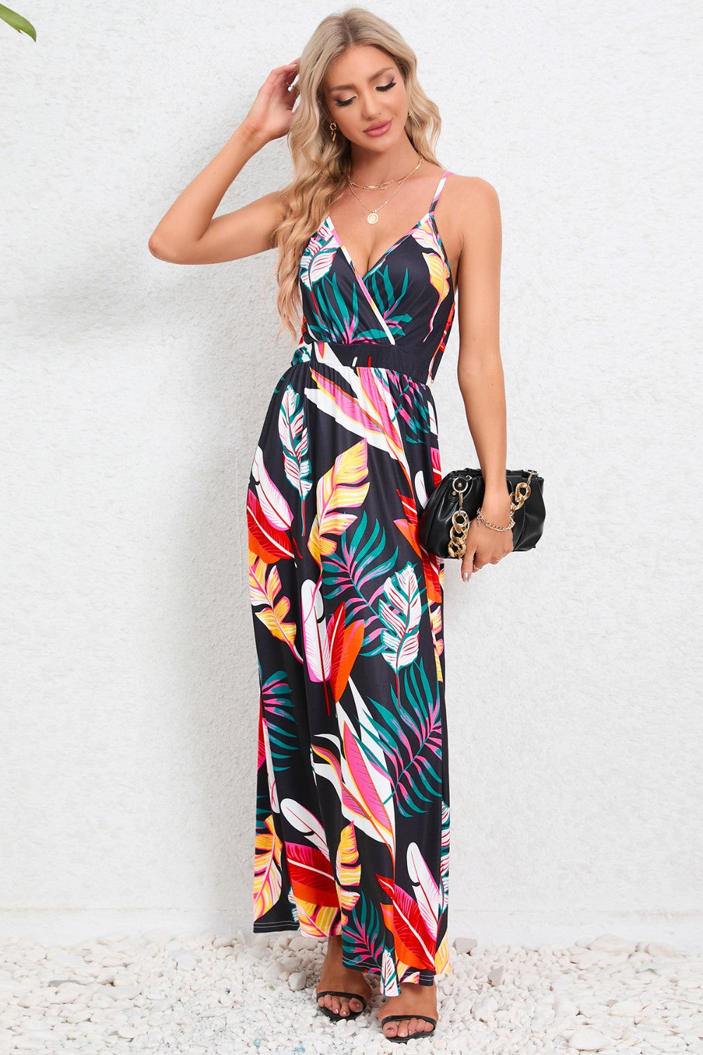 Printed Surplice Maxi Cami Dress - Black / S