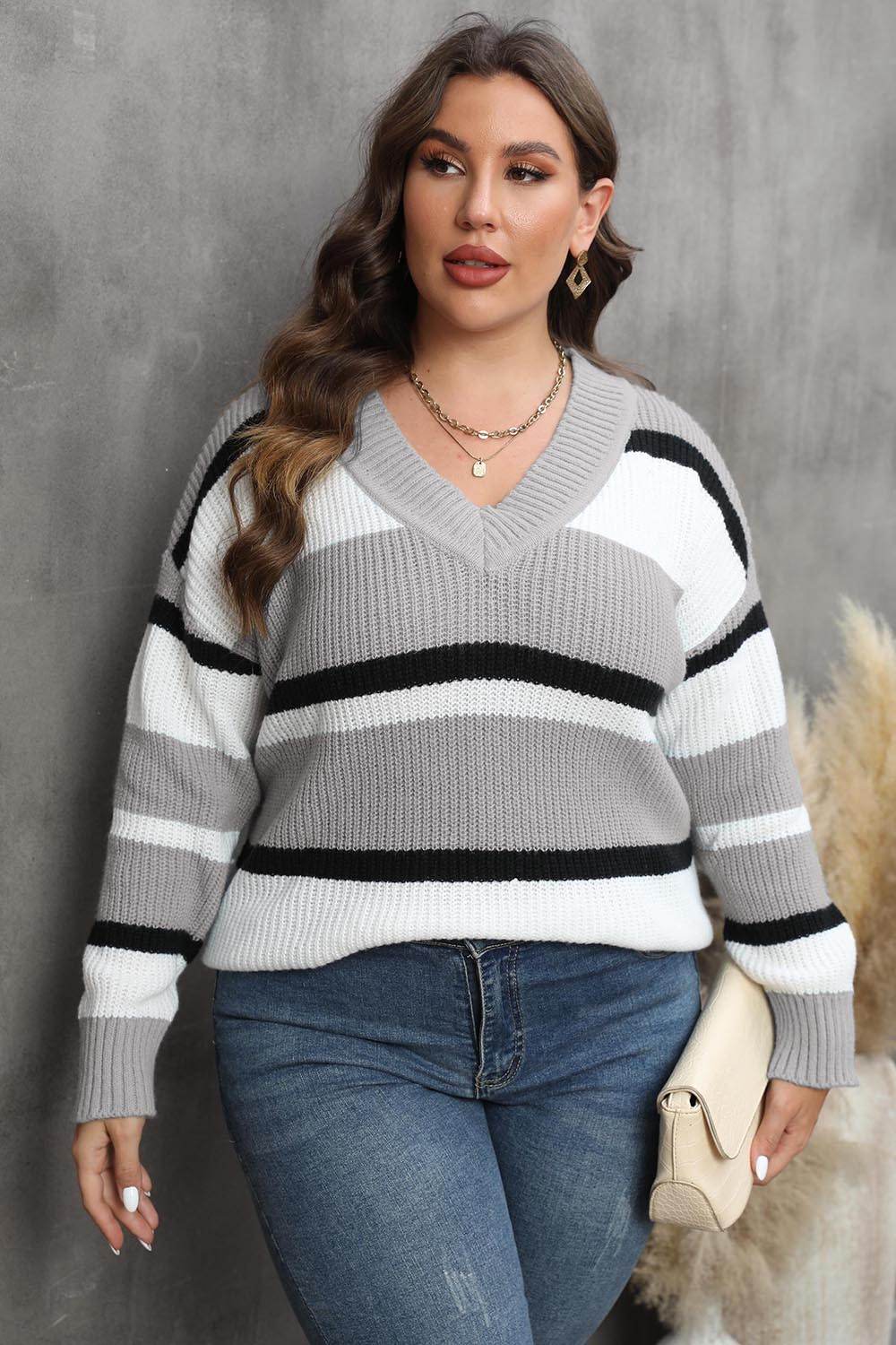 Plus Size Striped V-Neck Dropped Shoulder Sweater Heather Gray for a perfect OOTD – dress to impress outfits from Amexza