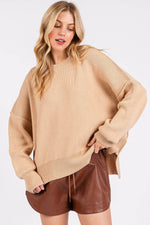 Mittoshop Side Slit Round Neck Drop Shoulder Sweater Tan for a perfect OOTD – dress to impress outfits from Amexza