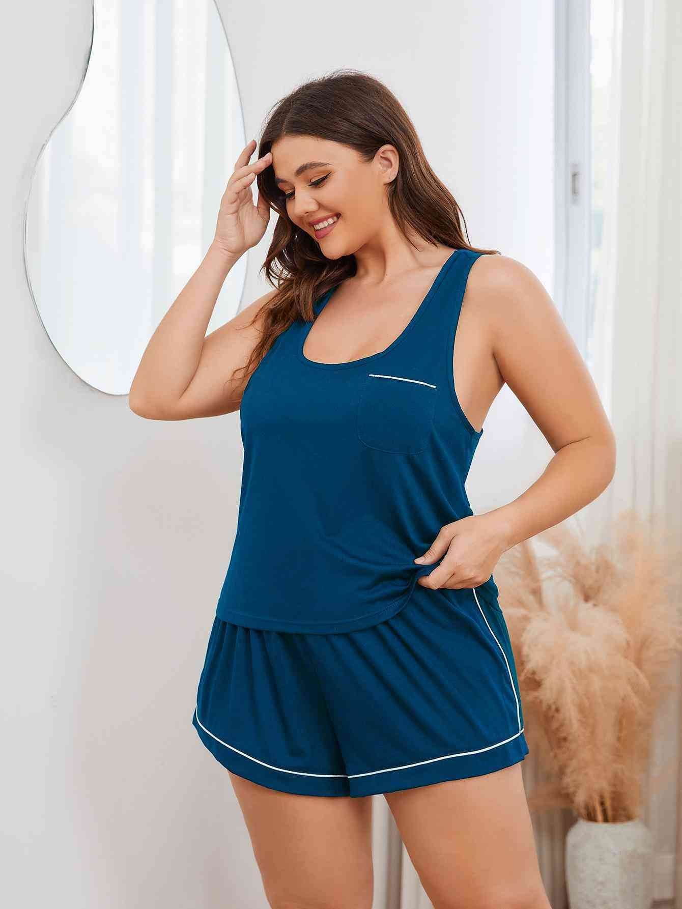 Plus Size Contrast Piping Racerback Tank and Shorts Lounge Set for a perfect OOTD – dress to impress outfits from Amexza