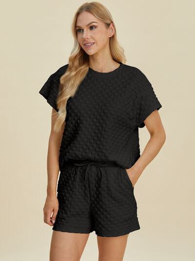 Double Take Full Size Texture T-Shirt and Shorts Set Black for a perfect OOTD – dress to impress outfits from Amexza