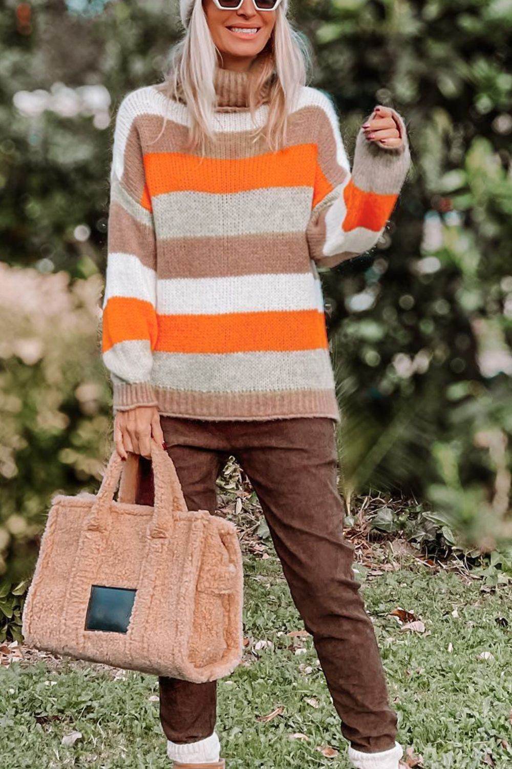 Color Block Drop Shoulder Turtleneck Sweater - Amexza