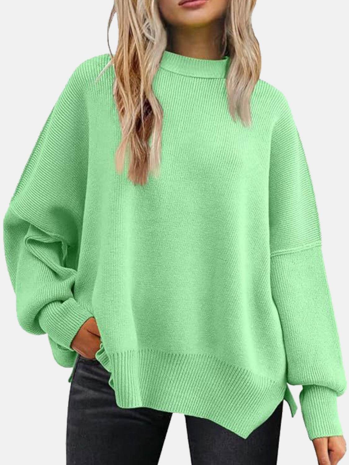 Round Neck Drop Shoulder Slit Sweater Mint Green for a perfect OOTD – dress to impress outfits from Amexza