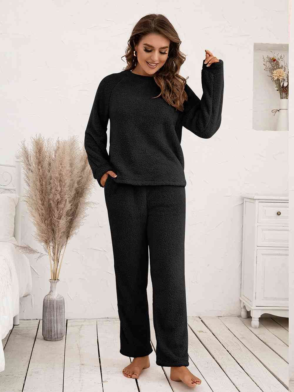 Ivy Lane Teddy Long Sleeve Top and Pants Lounge Set Black for a perfect OOTD – dress to impress outfits from Amexza