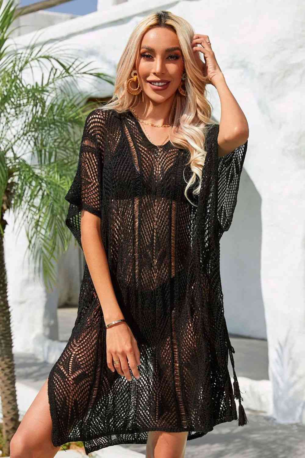 Angel Wings Side Slit Tassel Openwork Cover-Up Dress Black One Size for a perfect OOTD – dress to impress outfits from Amexza