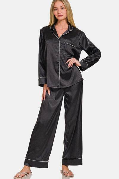 Zenana Satin Long Sleeve Shirt and Pants Pajama Set Black for a perfect OOTD – dress to impress outfits from Amexza