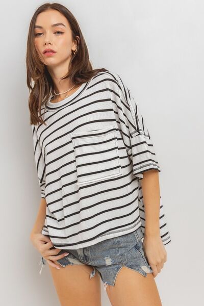 Ces Femme Side Slit Striped Round Neck Half Sleeve T-Shirt for a perfect OOTD – dress to impress outfits from Amexza