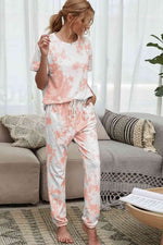 Shiny Tie-Dye Tee and Drawstring Waist Joggers Lounge Set Peach for a perfect OOTD – dress to impress outfits from Amexza