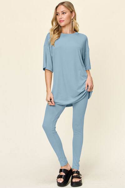 Double Take Full Size Round Neck Dropped Shoulder T-Shirt and Leggings Set Light Blue for a perfect OOTD – dress to impress outfits from Amexza