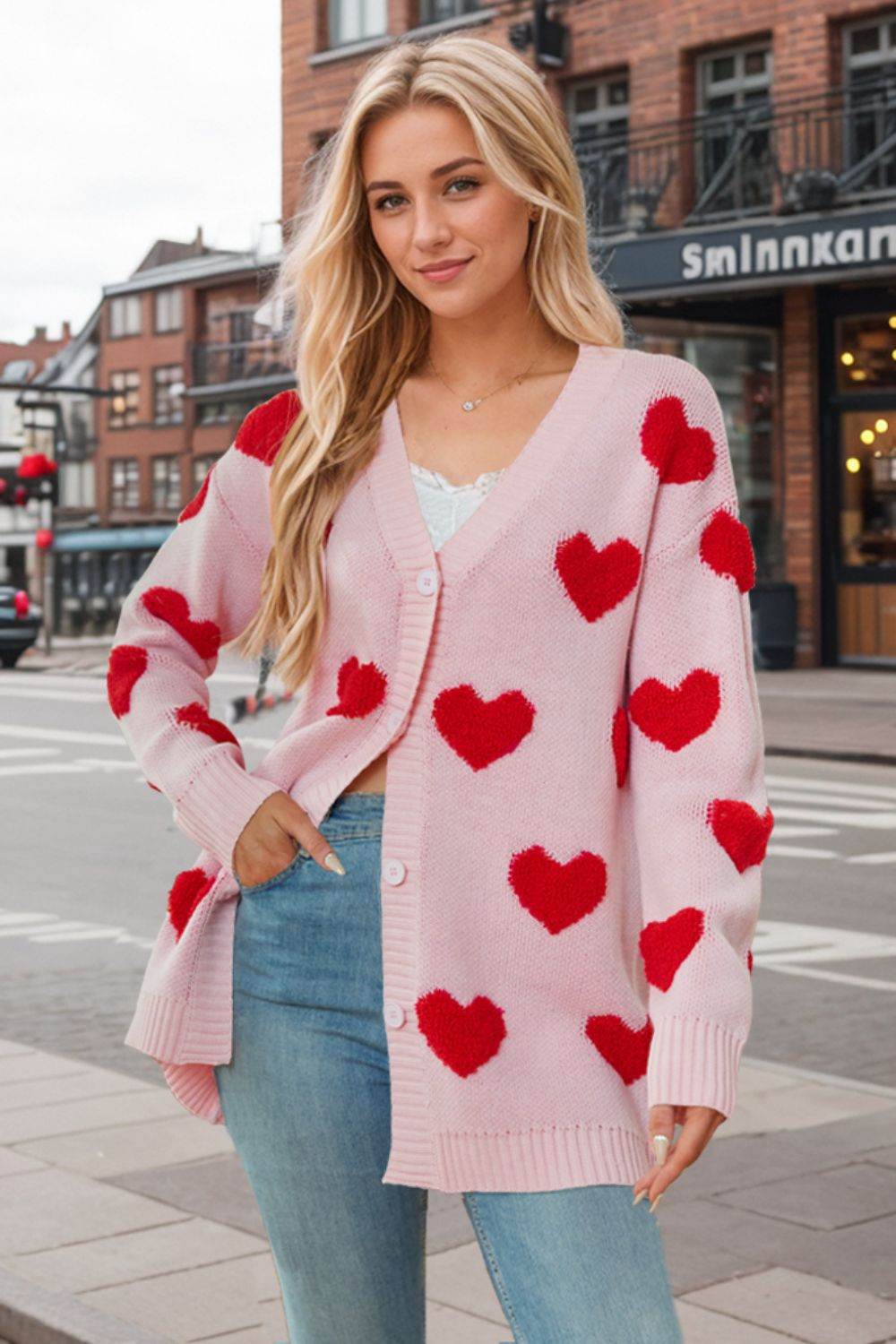 Heart Button Down Long Sleeve Cardigan Pink for a perfect OOTD – dress to impress outfits from Amexza