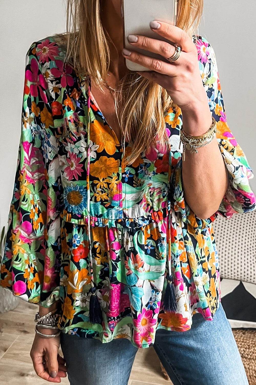 Floral Tie Neck Balloon Sleeve Blouse Floral for a perfect OOTD – dress to impress outfits from Amexza