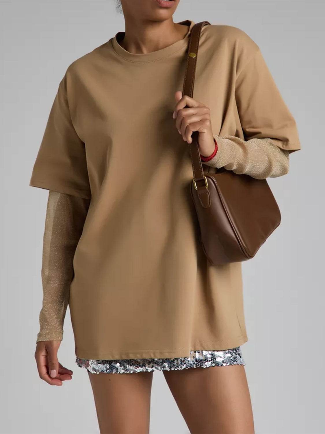 Faux Layered Round Neck Mesh Sleeve Top - Amexza