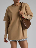 Faux Layered Round Neck Mesh Sleeve Top - Amexza