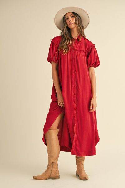 Annie Wear Mineral Washed Button Down Puff Sleeve Shirt Dress for a perfect OOTD – dress to impress outfits from Amexza