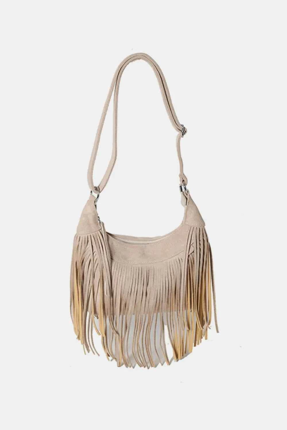 Suede Fringe Adjustable Strap Shoulder Bag Khaki One Size for a perfect OOTD – dress to impress outfits from Amexza